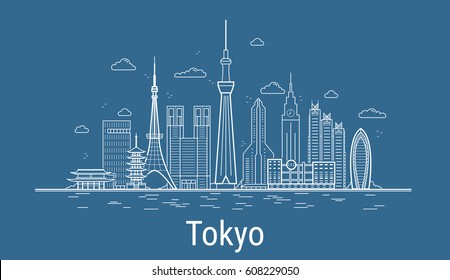 Tokyo city line art Vector. Illustration with all famous towers. Cityscape.
