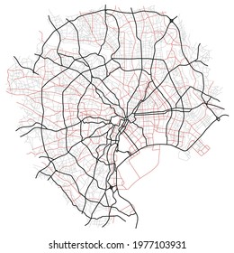 Tokyo city map (Japan) - town streets on the plan. Monochrome line map of the  scheme of road. Urban environment, architectural background. Vector 