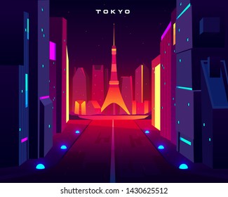 Tokyo city night skyline with television tower view in neon illumination. Metropolis architecture, modern megapolis with glowing skyscrapers along lightened road. Cartoon vector illustration