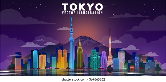 Tokyo city night skyline. Vector illustration