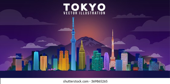 Tokyo city night skyline. Vector illustration