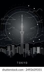 Tokyo city poster with abstract skyline, horizon, landmark and attraction. Japan vector illustration, black and white thin line layout for vertical brochure, website, flyer, presentation, book cover