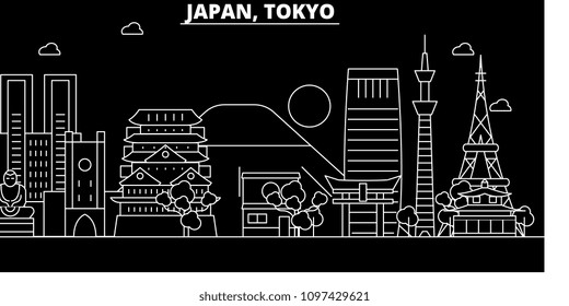 Tokyo city silhouette skyline. Japan - Tokyo city vector city, japanese linear architecture, buildings. Tokyo city travel illustration, outline landmarks. Japan flat icon, japanese line banner