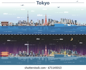 Tokyo City Skyline At Day And Night Vector Illustration