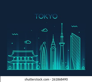 Tokyo City Skyline Detailed Silhouette. Trendy Vector Illustration, Line Art Style.