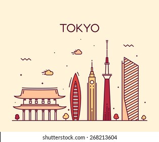 Tokyo City Skyline Detailed Silhouette. Trendy Vector Illustration, Line Art Style.