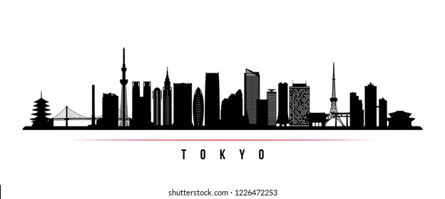 Tokyo city skyline horizontal banner. Black and white silhouette of Tokyo city, Japan. Vector template for your design.