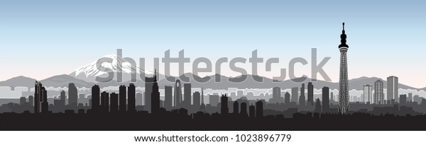东京都市天际线与天空树建筑视图和富士山背景 旅行日本背景 库存矢量图 免版税