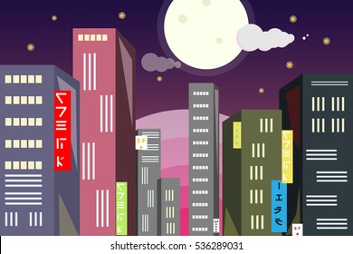 Tokyo city sunset landscape.Flat style.Vector illustration