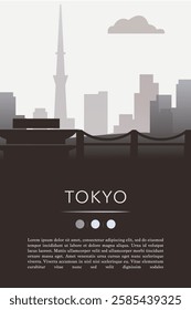 Tokyo city template for website, presentation, front page, invitation, publication sheet with skyline, landmarks. Vector Japan image layout, simple and grayscale