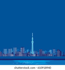 Tokyo city view with Tokyo sky tree landmark, night view, vector illustration