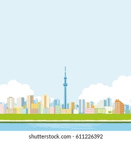 Vista de la ciudad de Tokio, punto de referencia del árbol del cielo de Tokio, ilustración vectorial
