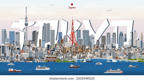 Ilustração do vetor colorido da paisagem da cidade de Tóquio com o nome da cidade grande no fundo. Cartaz da moda da viagem
