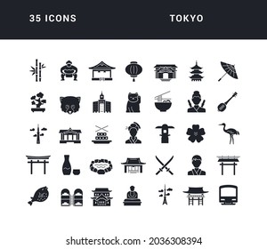 Tokyo. Collection of perfectly simple monochrome icons for web design, app, and the most modern projects. Universal pack of classical signs for category Countries and Cities.