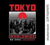 Tokyo colorful typography streetwear style vector design icon illustration. Kanji translation means Tokyo Worldwide. Clip art, print, poster, banner, fashion, slogan shirt, sticker, flyer
