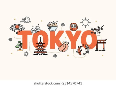 Tokyo Concept Japão Viagens e Turismo Thin Line Ícones Incluir de , Japonês Marco, Cultura Elemento e Comida. Ilustração vetorial