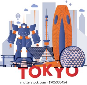 Tokyo culture travel night set, famous architectures and specialties in flat design. Business travel and tourism concept isolated on white background. Image for presentation, banner, website, advert