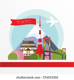 Tokyo, detailed silhouette. Trendy vector illustration, flat style. Stylish colorful  landmarks. The concept for a web banner. Mountain Fuji - The symbol of Japan.