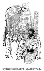 TOKYO, famous Shibuya crossroad - Vector illustration (all advertisements are fake) Meaning of Japanese caracters: Japan; Shibuya; happiness; love; friend.