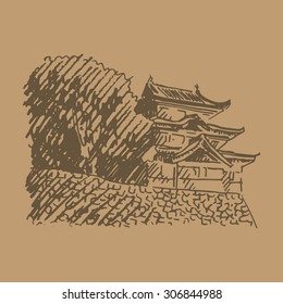 Tokyo Imperial Palace. Fujimi-yagura, guard building within the inner grounds of the Imperial Palace. Vector quick sketch.