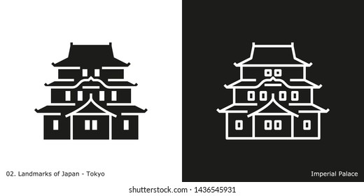 Tokyo: Imperial Palace. Outline and glyph style icons of the famous landmark from Japan.