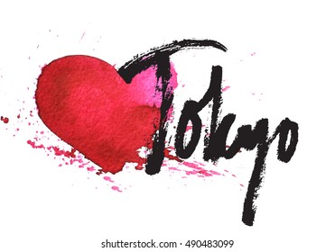 Tokyo inscription with hand drawn watercolour red heart with splatter. Grunge calligraphy lettering for banner, t-shirt, clothes, postcard, poster, brand, logotype, identity. Vector illustration.