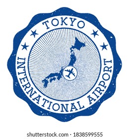 Tokyo International Airport stamp. Airport of Tokyo round logo with location on Japan map marked by airplane. Vector illustration.