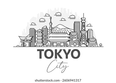 Tokyo, Japan architecture line skyline illustration with shadows. Linear vector cityscape with famous landmarks, city sights, design icons.