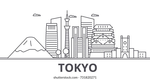 Tokyo Japan architecture line skyline illustration. Linear vector cityscape with famous landmarks, city sights, design icons. Landscape wtih editable strokes