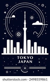 Tokyo, Japan city creative poster with abstract thin line cityscape and skyline. Chalkboard style vector black and white illustration, vertical graphic