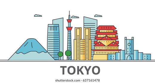 Tokyo Japan city skyline: buildings, streets, silhouette, architecture, landscape, panorama, landmarks. Editable strokes. Flat design line vector illustration concept. Isolated icons on background