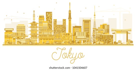 Tokyo Japan City Skyline Golden Silhouette. Vector Illustration. Simple Flat Concept for Tourism Presentation, Banner, Placard or Web Site. Tokyo Cityscape with Landmarks.