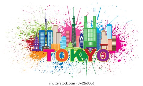 Tokyo Japan City Skyline Panorama Paint Splash Splatter Silhouette Color Vector Illustration