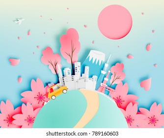 Tokyo Japan City In Spring With Paper Art Style Vector Illustration