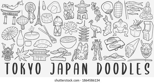 Tokyo Japan, doodle icon set. Japanese Style Vector illustration collection. Banner Hand drawn Line art style.