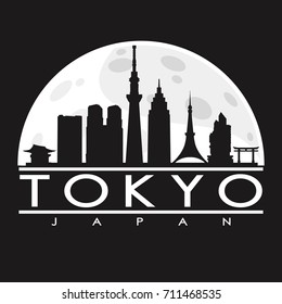 Tokyo Japan Full Moon Night Skyline Silhouette Design City Vector Art Background Illustration.