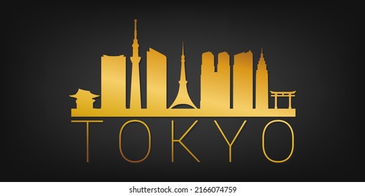 Tokyo, Japan Gold Skyline City Silhouette Vector. Golden Design Luxury Style Icon Symbols. Travel And Tourism Famous Buildings.