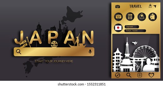 Tokyo, Japan with Gold Travel postcard, poster, tour advertising of world famous landmarks in paper cut style.