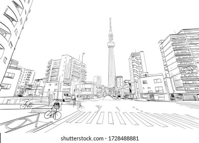 Tokyo, Japan. Hand drawn sketch.  Vector illustration.