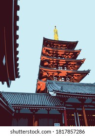 Tokyo, Japan - January 24th 2018: A Posterised Vector Illustration of the Five-Storey Pagoda of Sensō-ji on a Cold Blue Evening at Sunset