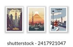 Tokyo, Japan. New York City, USA. London, England. Vintrage travel poster. Wall Art and Print Set for Hikers, Campers, and Stylish Living Room Decor.
