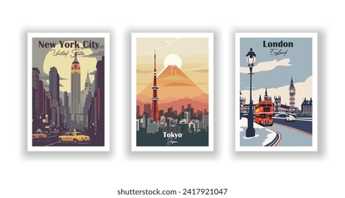 Tokyo, Japan. New York City, USA. London, England. Vintrage travel poster. Wall Art and Print Set for Hikers, Campers, and Stylish Living Room Decor.