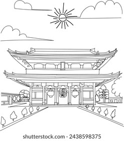 Tokyo, Japan - Senso-ji Temple line art drawing for kids and adults coloring book