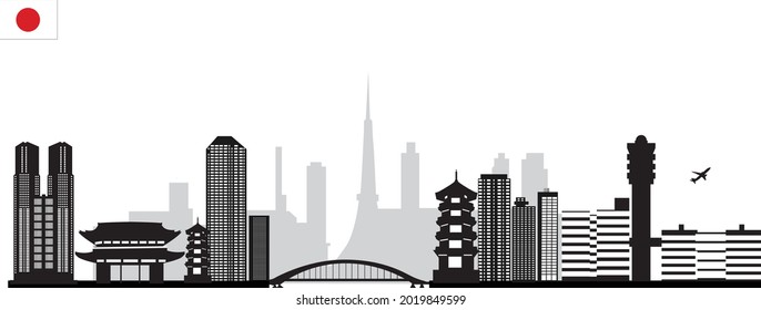 tokyo japan skyline with airport with temple and bridge