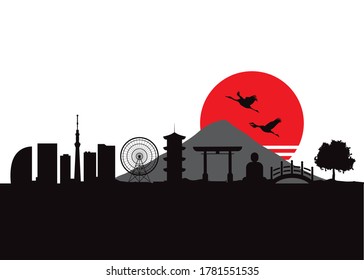 Tokyo Japan Skyline Landscape in black, red and white colors