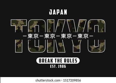 Tokyo, Japan slogan t-shirt design with knitted camouflage texture. Tee shirt in military and army style with knit camo and inscription in Japanese with the translation: Tokyo. Vector illustration.