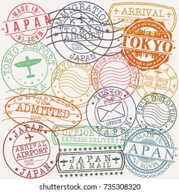 Tokyo Japan Stamp Vector Art Symbol Design Postal Badge Rubber Set.