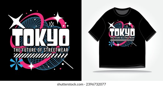 Tokyo japan streetwear tshirt slogan typography y2k, futuristic, future, cyberpunk, retrofuturism. Vector logo icon design illustration. Poster, background, clothing, sticker, badge, quote t-shirt