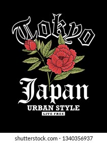 Tokyo, Japan theme vector graphic with roses.