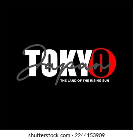 Tokyo, Japan t-shirt design with mountains and sun. Tee shirt graphics print with stripes, grunge and inscription in Japanese with the translation: Japan, Tokyo. Vector illustration.